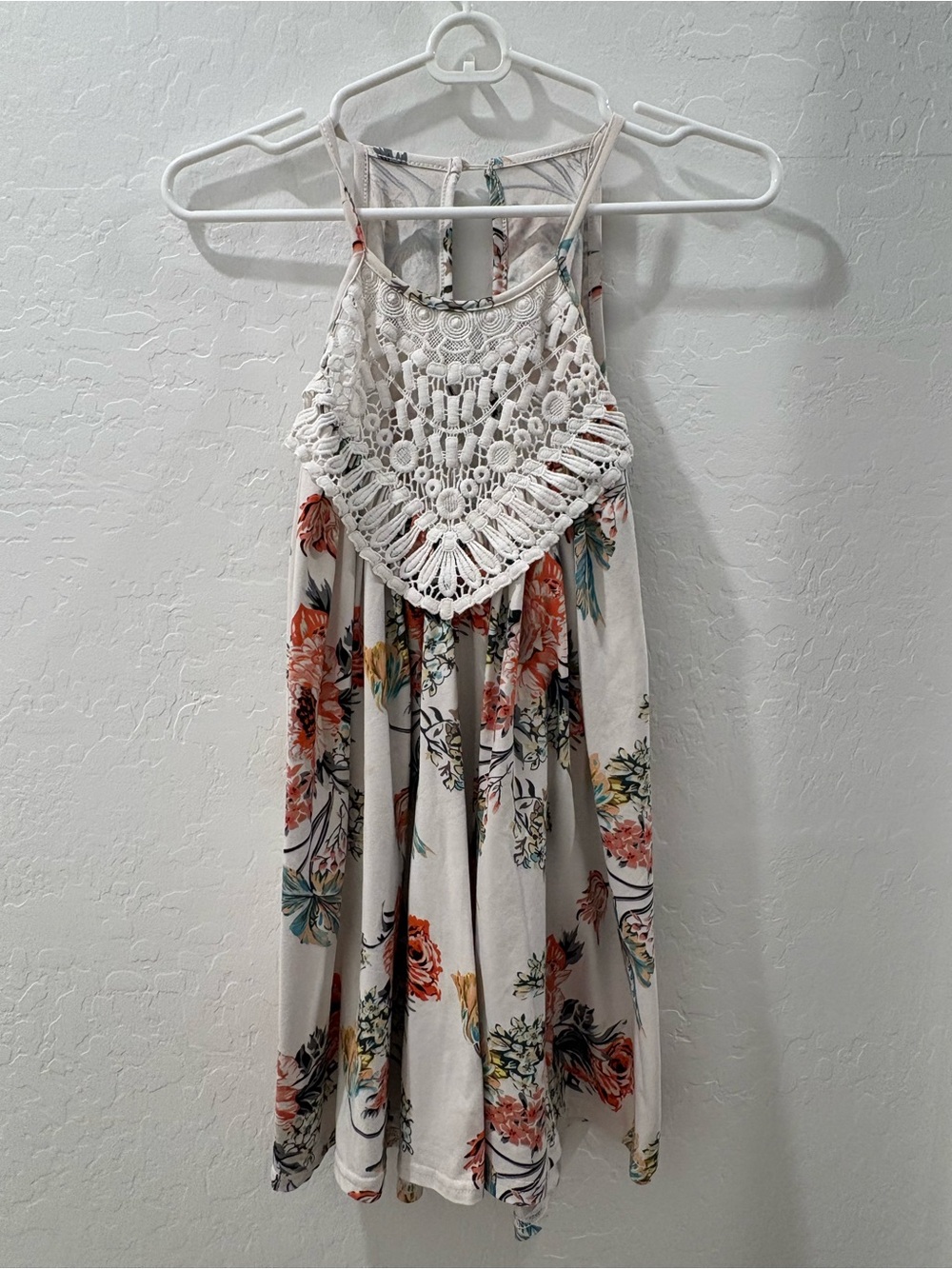 SHEIN Crochet Yoke Floral Mini Dress in Cream with Coral & Teal Accents